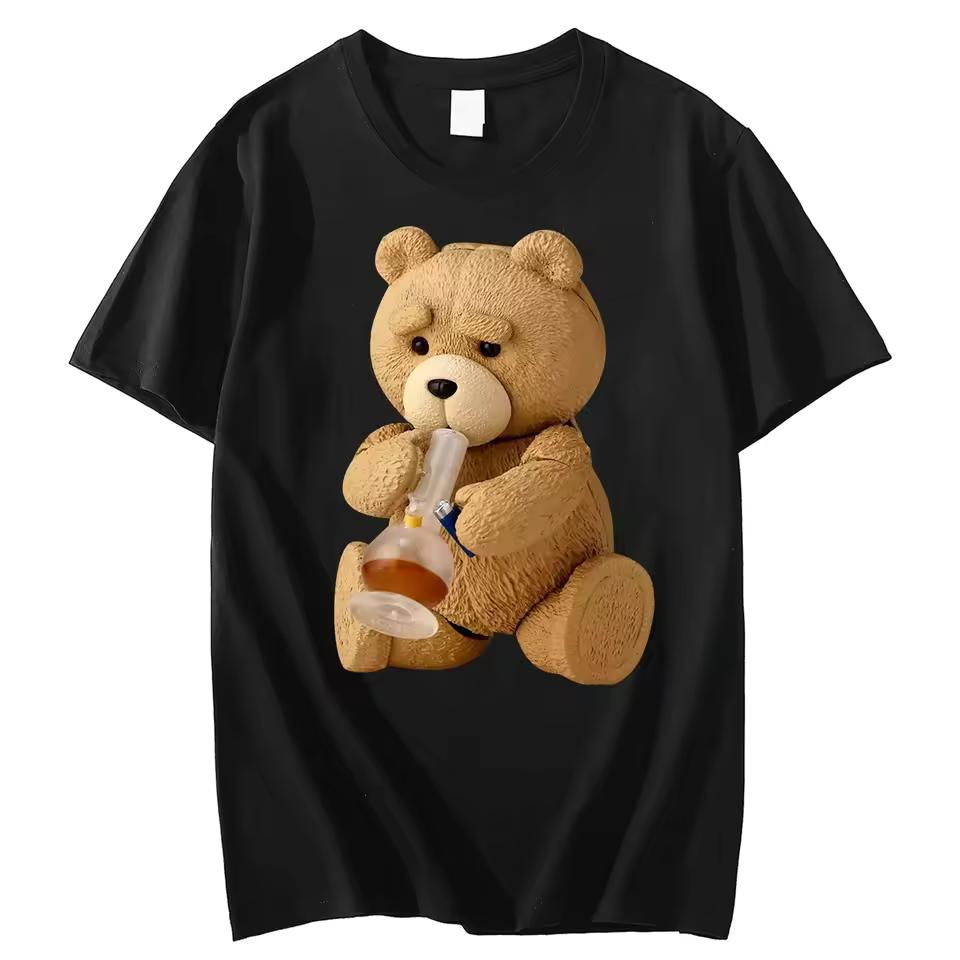 2024 New Print Cute Teddy Bear Drinking Beer Poster T-shirt Summer Short sleeved T-shirt Cool Casual High Quality Top