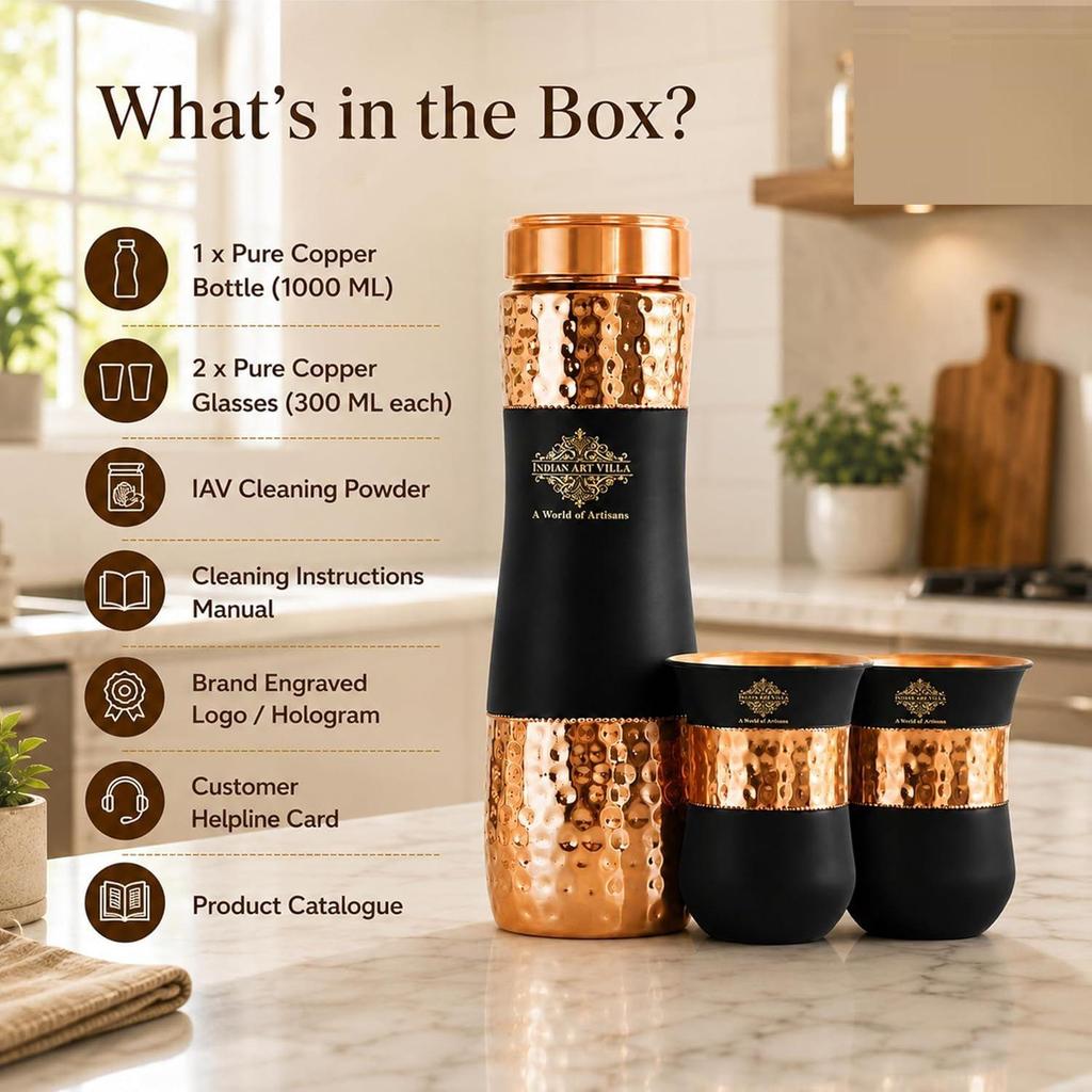 Copper Drinkware Black Silk Finish, Set of 2 Glass and 1 Bottle, Volume - Glass 300 ML, Bottle 1000 ML