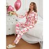 Chic Cat Print Women's Pajama Set - Long Sleeve, Button-Up Top & Pants Loungewear with Collar, Cozy Polyester Blend, Machine Was