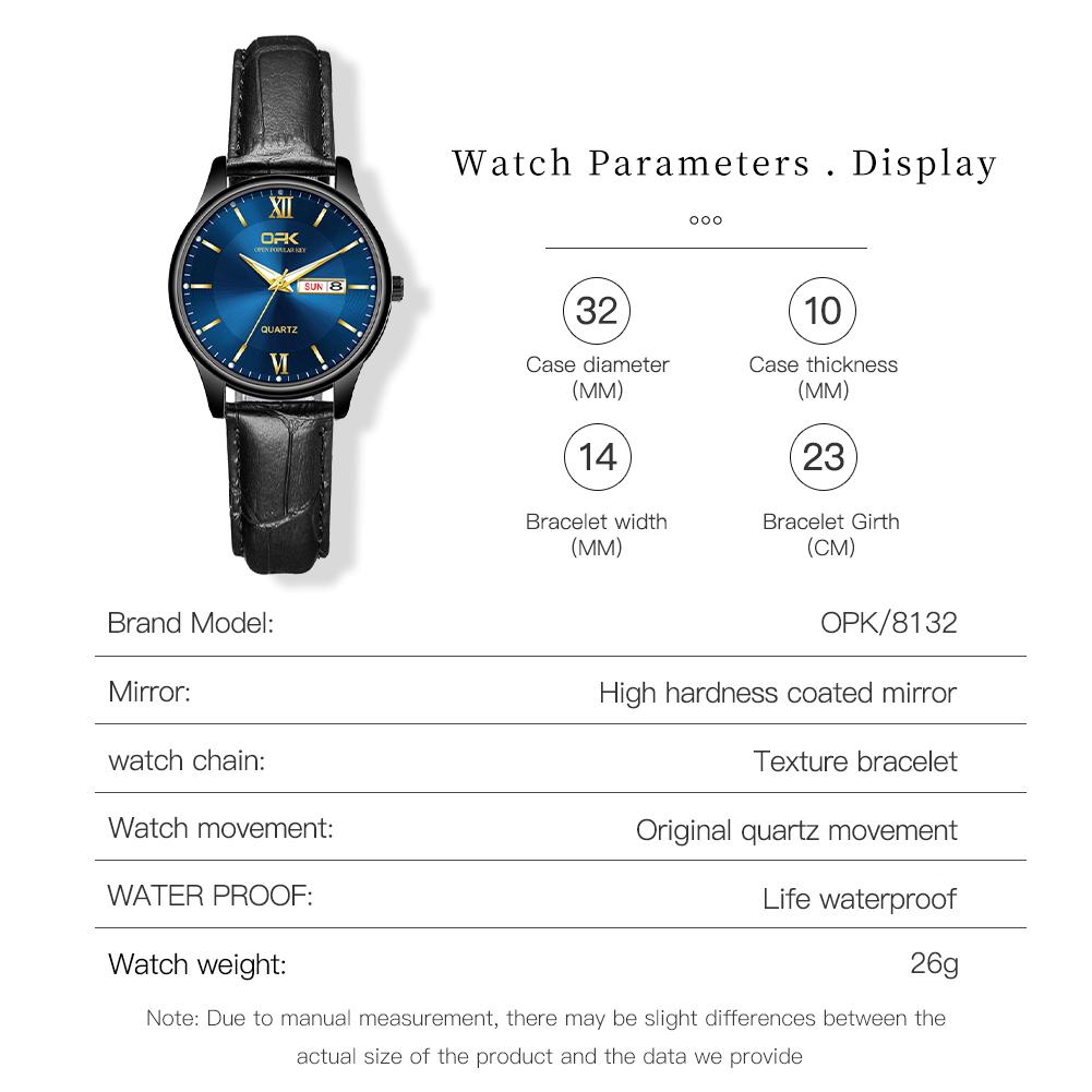 OPK 8132 Elegant Fashion Ladies Wristwatch Dual Calendar Luminous Waterproof Original Women's Dress Quartz Watch