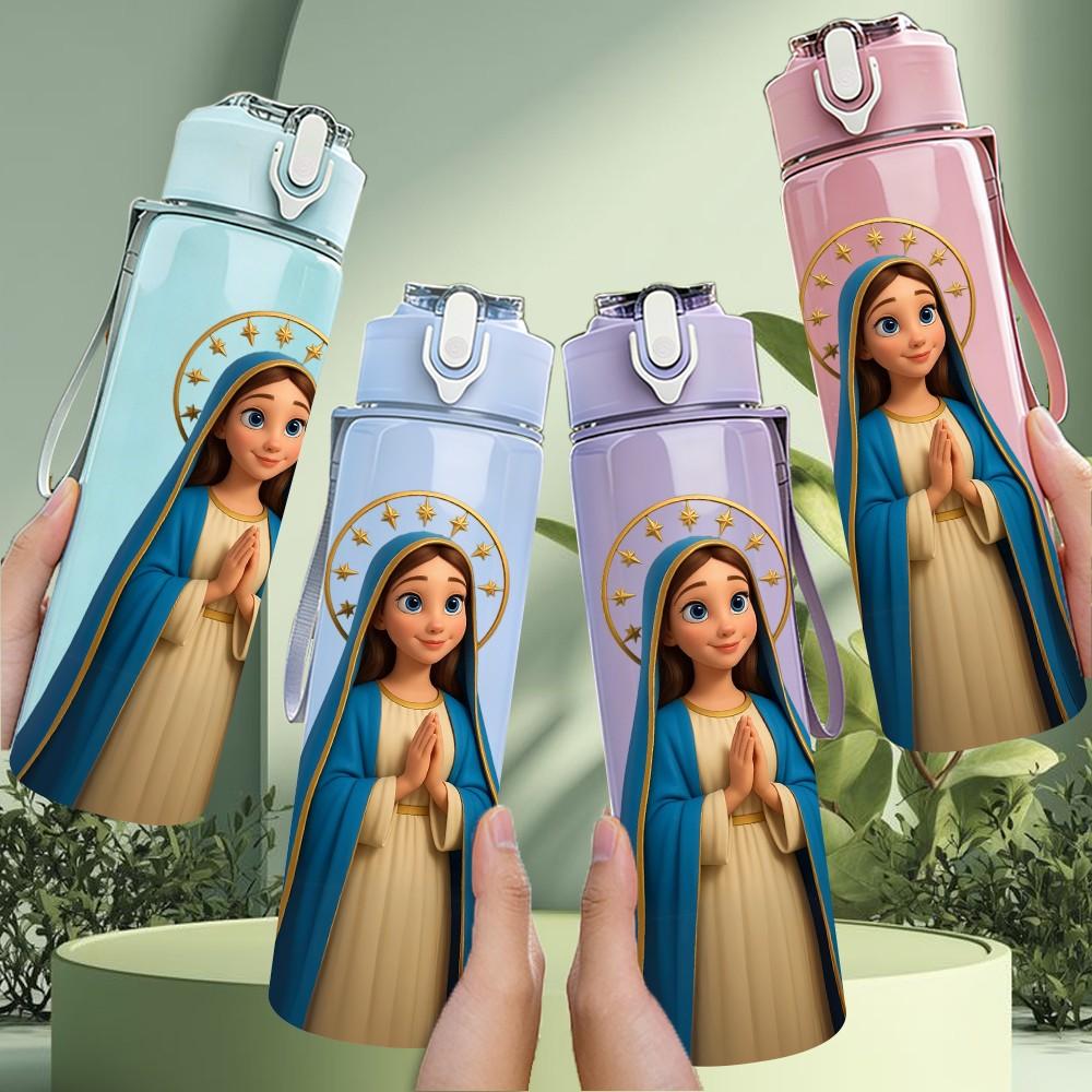 1PC Blue Robe Virgin Mary Religious Print 750ml Color Plastic Sports Water Bottle Leakproof Flip Straw Lid Suitable for Sports Office Home Use