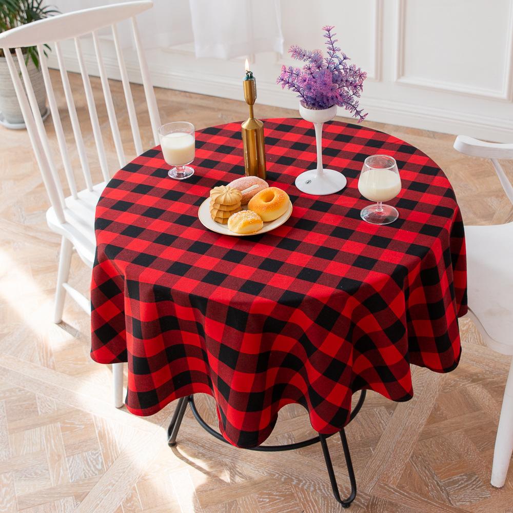 Christmas Decoration Round Tablecloth Green Plaid Table Cover for New Year Family Gather Restaurant Party Dinner Home Xmas Decor