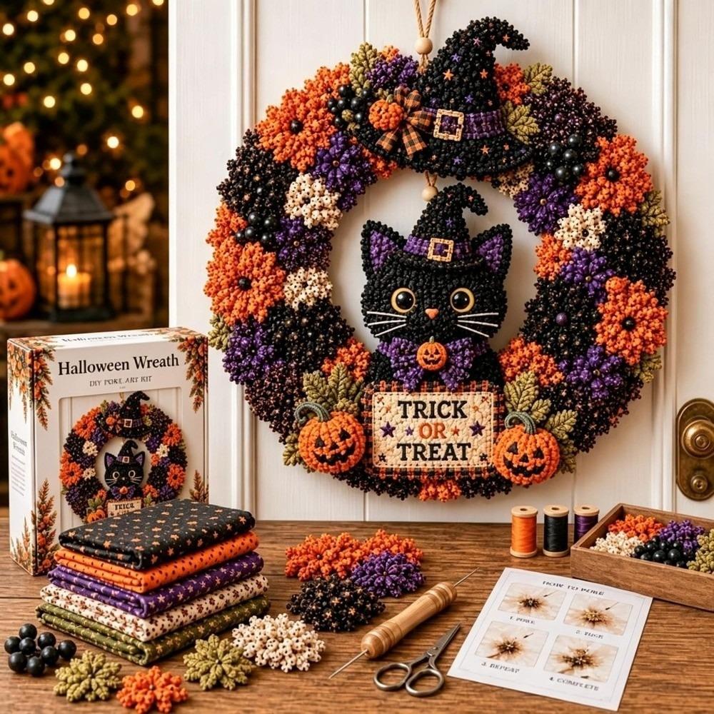 1 Set 3D Layered Texture Halloween Wreath Lightweight Punch Needle Garland Wall Mantel Display