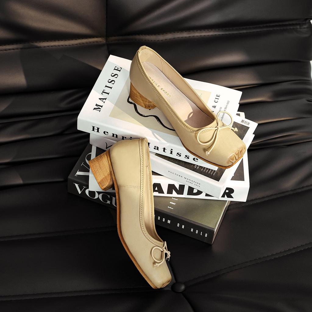 Bow Ballet Single Shoes Retro Middle Heel Thick Heel Pig Nose Shoes Square Head Ballet Shoes Women's Shallow Mouth Mary Jane Shoes