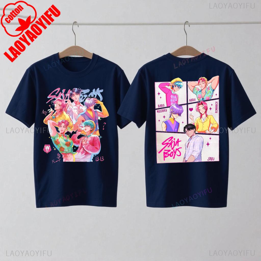 Saja Boys Kpop Охотники на демонов Двусторонняя хлопковая футболка Huntrix Мерч Охотника на демонов Футболки Jinu Saja Эбби Тайна Романтика Малыш Саджа