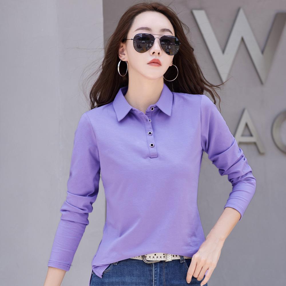 Женская футболка с длинными рукавами и лацканами, корейский стиль, тонкий хлопок, простая рубашка поло на пуговицах, универсальная профессиональная женская одежда