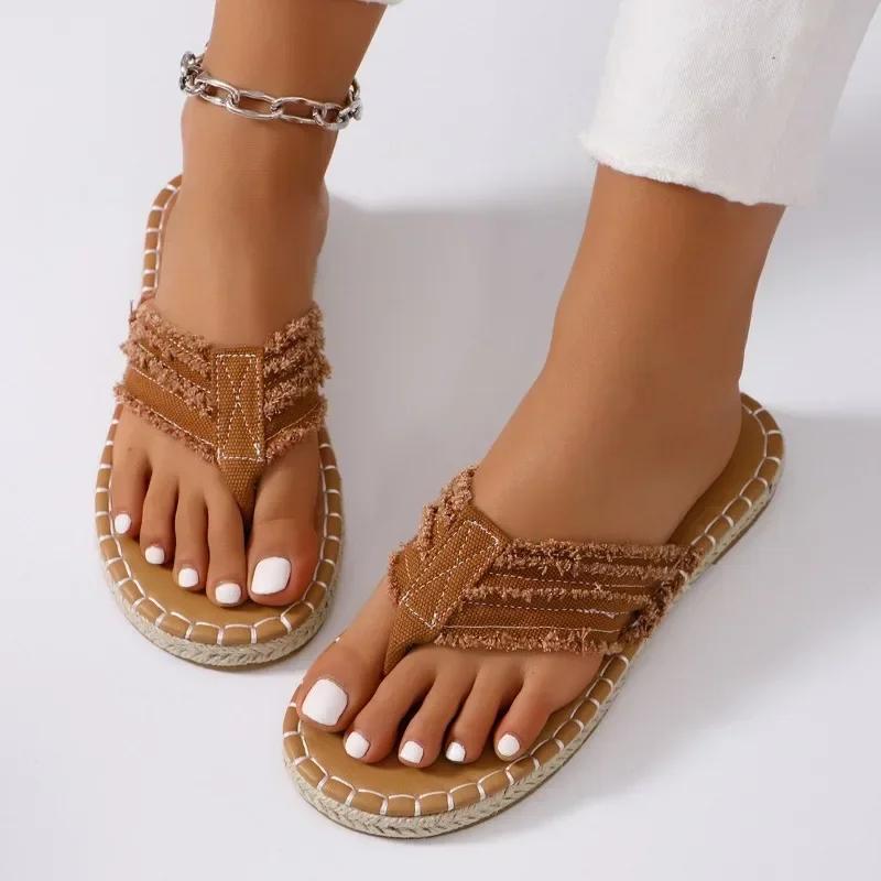 2024 Высококачественная женская обувь Новые летние модные женские туфли на плоской подошве Большие размеры Тканевые шлепанцы Однотонные женские тапочки