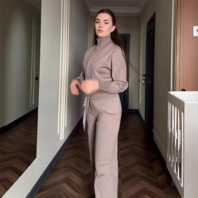 Повседневная куртка на молнии, пригородный костюм, простая однотонная уличная одежда, длинные брюки, комплекты из двух предметов для женщин, весна-осень