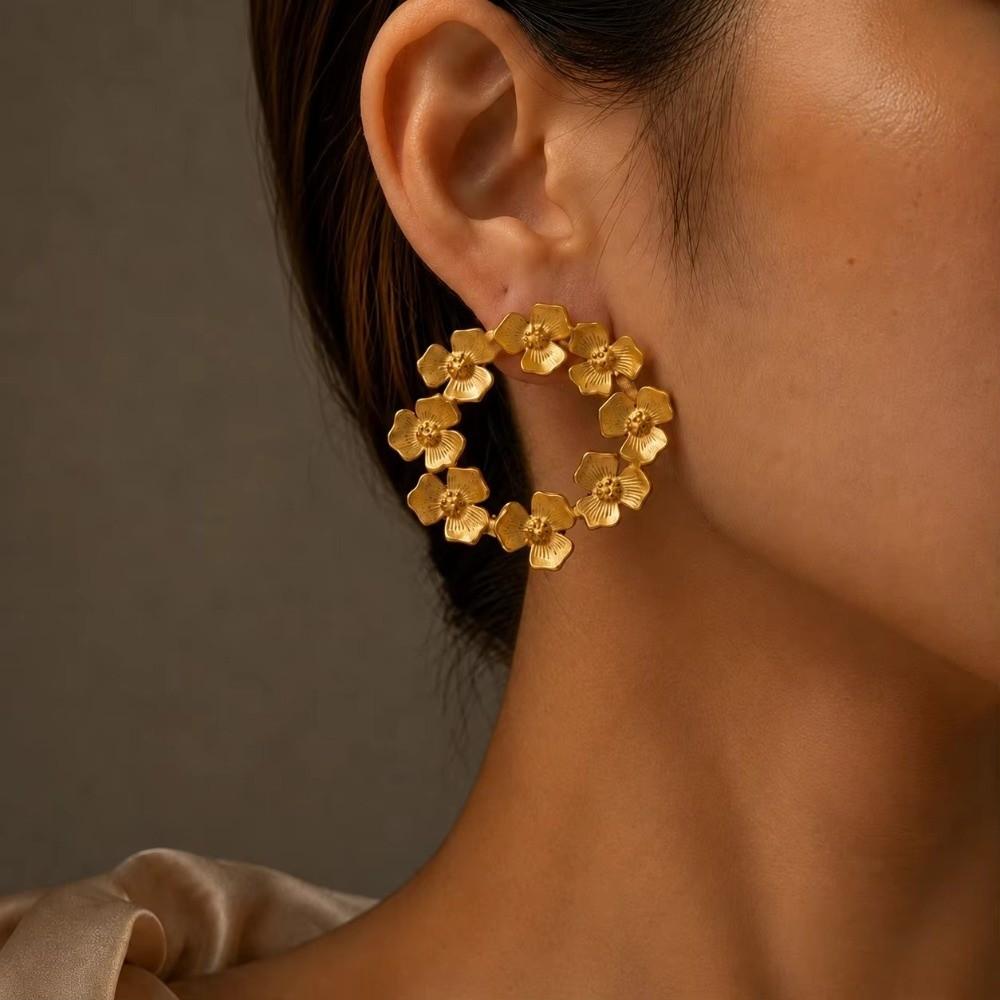 Stainless Steel Floral Wreath Earrings Waterproof Women Earrings Trendy Flower Circle Studs Gift