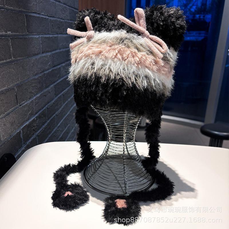 New cute color matching striped bow plush ear protection hat women's warmth can be used as a bag cat ears cold hat