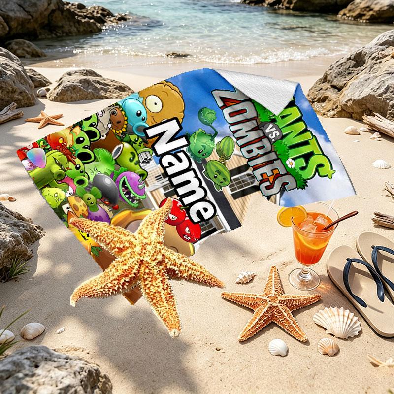 Custom Name Personalized Plants vs. Zombies Print Beach Towel, for Trip Camping Beach Party Home Decor, Birthday Gift for Family & Friends