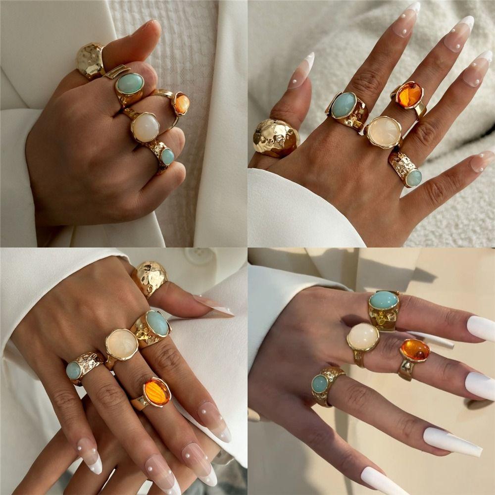 5Pcs Aesthetic Vintage Ring Set Retro Alloy Fashion Jewelry Adjustable Ethnic Rings for Women