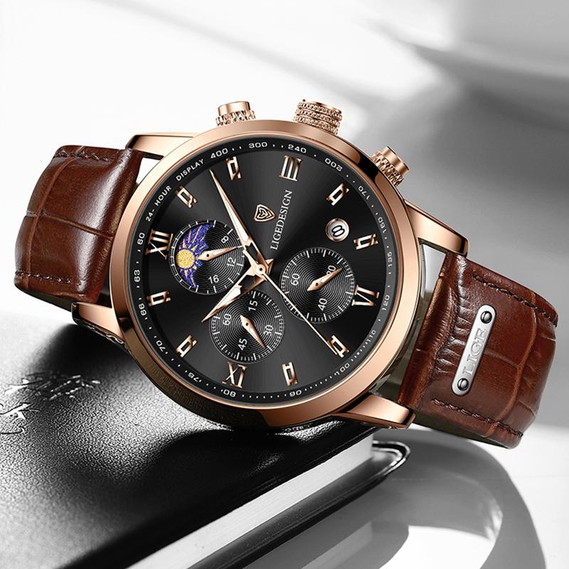LIGE quartz wristwatch brand luxury classic leather men's watch date chronograph simple watch for men Relogios Masculino