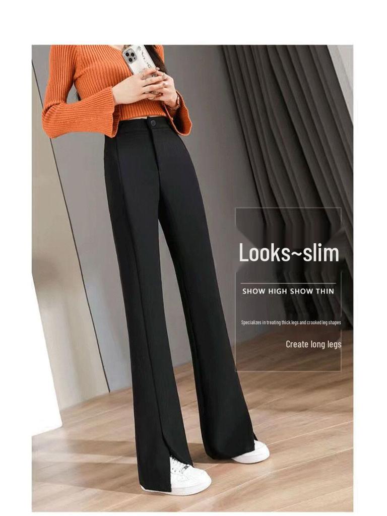 2026 Women's High-Waisted Flowing Black Micro-Flare Wide-Leg Trousers with Slit
