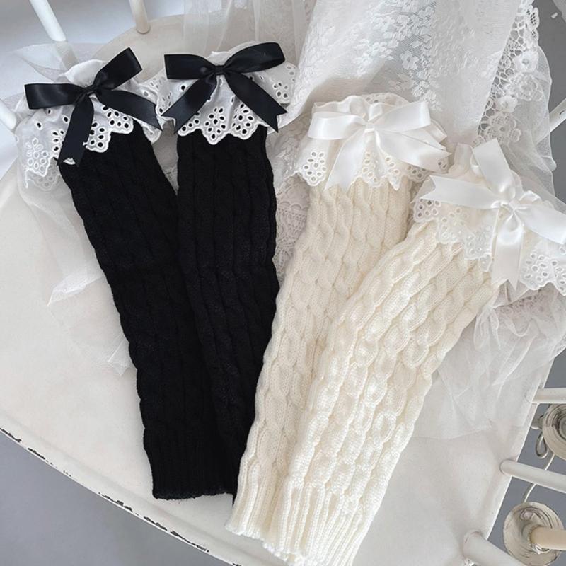 Women Autumn Ruffled Lace Bowknot Leg Warmers Japanese Lolita Twist Cable Knitted Foot Covers Student Stretch Calf Socks