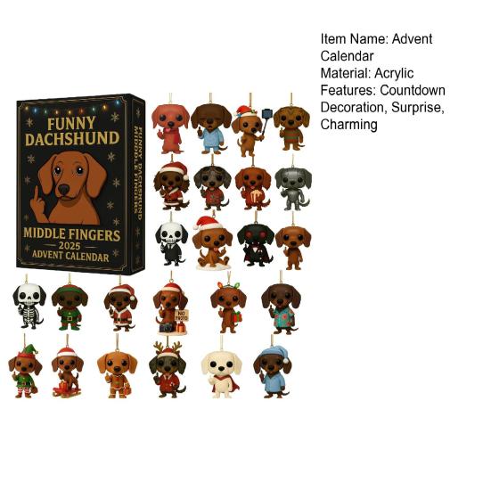 Адвент-календарь Такса 2025 Смешная такса с средним пальцем Коллекционные подвески Отсчет 24 дня до Рождества Украшение для любителей собак