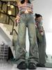 Women Flared Jeans Autumn 90s Vintage Baggy Straight Denim Trousers Y2k High Waist Loose Stitching Wide Leg Pants Streetwear