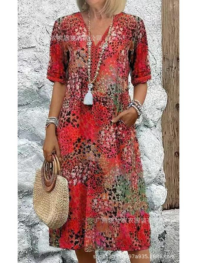 Women's V-neck Casual Summer Pocket Dress - New Print