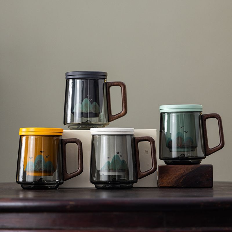 Glass Teacup 450ml with Tea Leakage Tea Cup Mat, Heat Resistant Glass Separate Tea Brewing Anti Scalding Wooden Handle