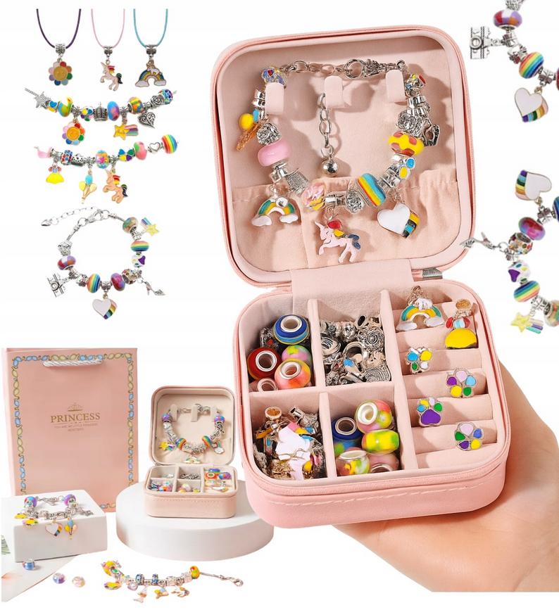 A kit for making bracelets, necklaces, and jewelry pendants for kids.