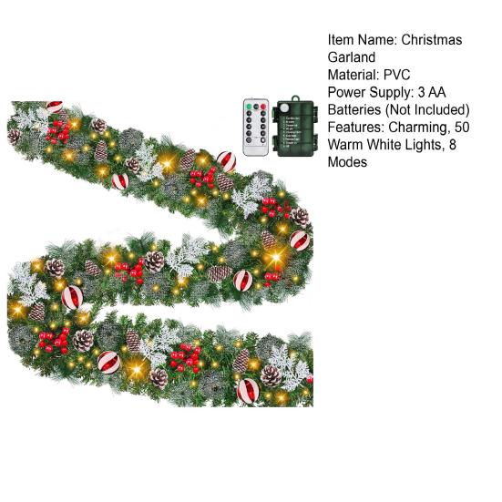 9 FT Christmas Garland with Lights 50 LED Lights 8 Modes Lighted Artificial Pine Garland with Pine Cones Red Berries for Mantel Fireplace Indoor