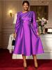 Women Elegant Shiny A Line Midi Wedding Dress Skew Collar Puff Sleeve Pleated Color Block Classy Holiday Evening Party Outfits
