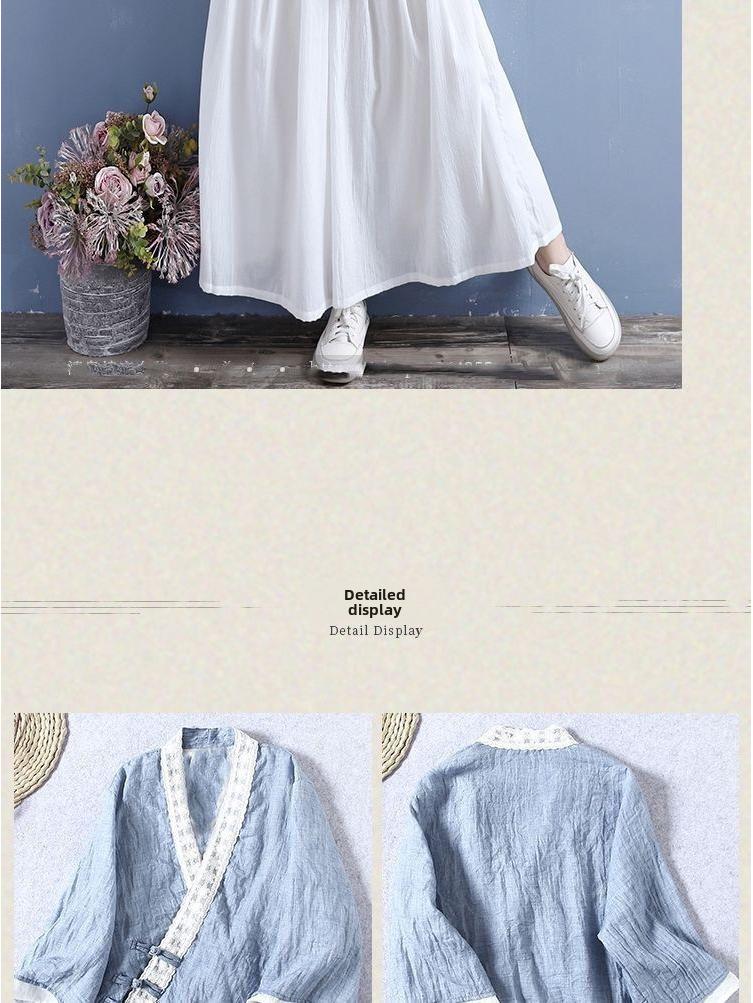 Женская кружевная рубашка из хлопка и льна с рукавом три четверти, весна/осень 2024 г., ретро-стиль, с косым воротником и пуговицами