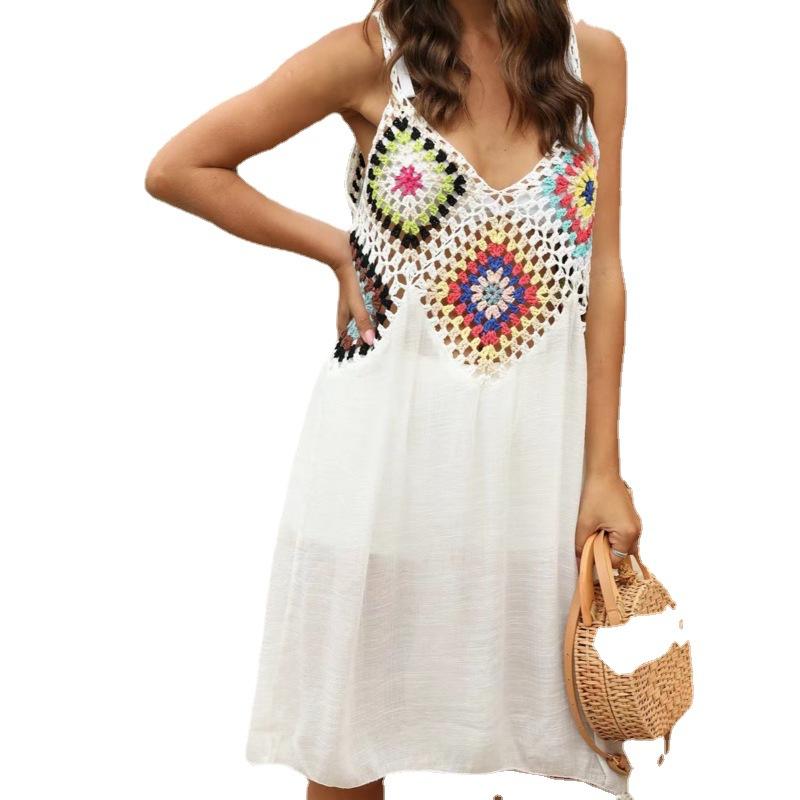 Лоскутное платье с крючками и разноцветным узором, пуловер с v-образным вырезом, дышащие пляжные платья-бикини