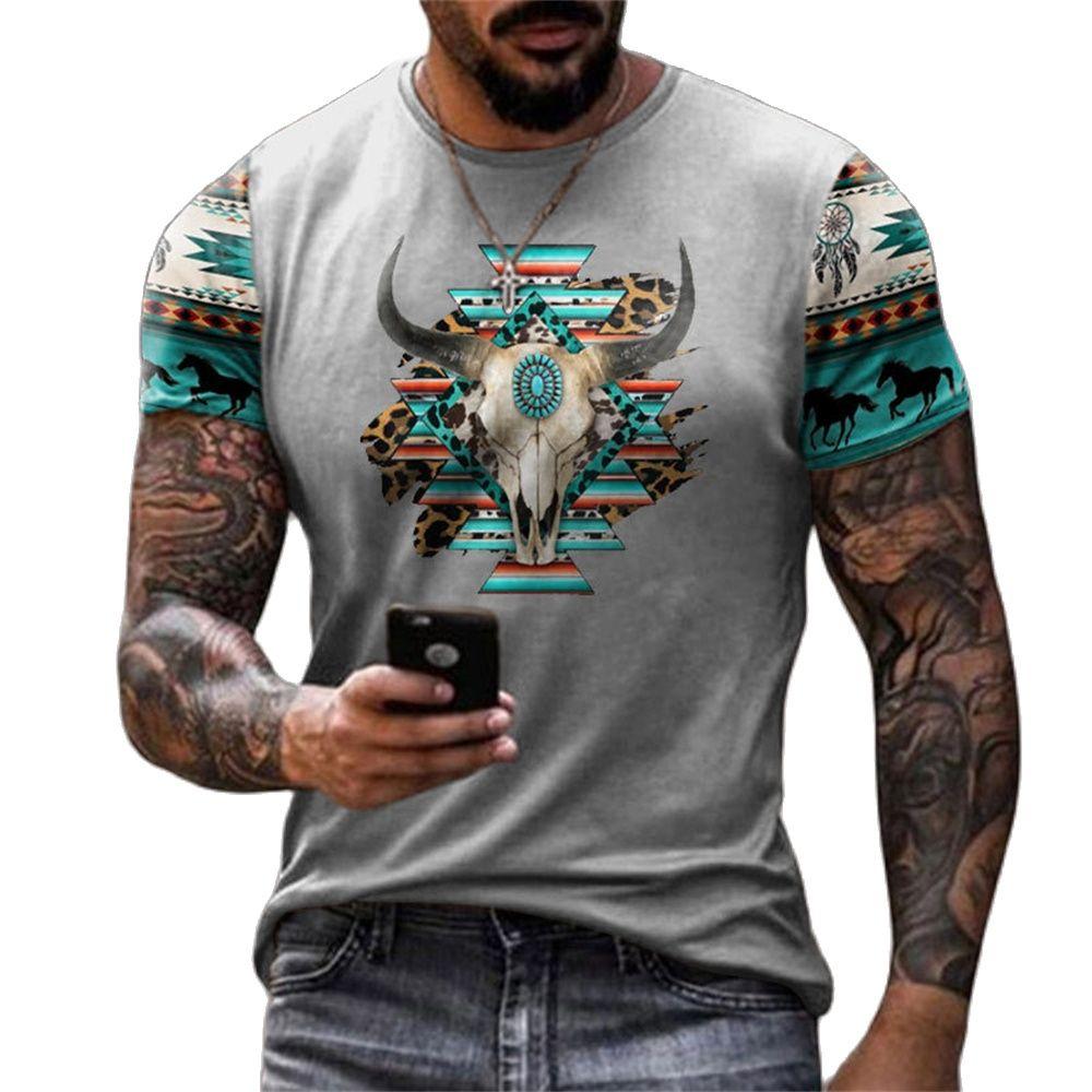 Винтажные мужские футболки с ковбойским принтом и принтом, летняя уличная одежда с круглым вырезом, футболка большого размера, повседневные свободные топы с короткими рукавами, одежда