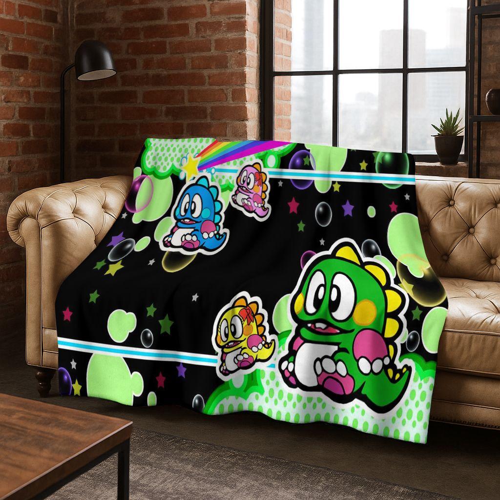 3D Retro Game Bubble Bobble Cartoon Flannel Blanket,Cozy Soft Throw Blanket for Home Bedroom Bed Sofa Picnic Cover Gift Kids
