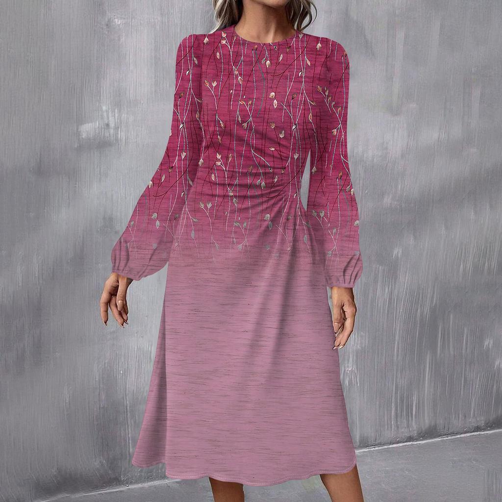 Женское модное повседневное платье миди с круглым вырезом и длинными рукавами