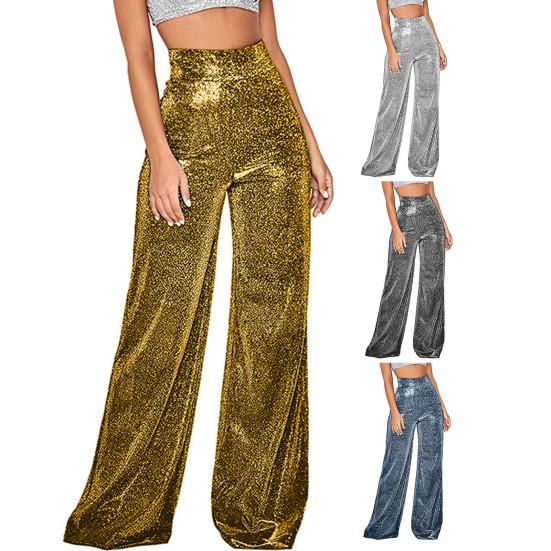 Женские брюки, блестящие однотонные брюки с высокой талией, весенне-осенние темпераментные свободные прямые широкие брюки, повседневная одежда