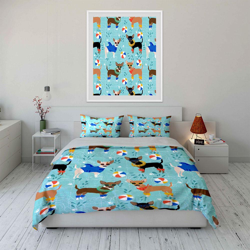 Chihuahua Pool Party Pattern Bedding Duvet Cover Set Duvet Cover Pillowcases (1*Duvet Cover 2*Pillowcases, without duvet insert)