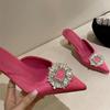 Summer Fashion Luxury Women 7cm High Heels Slippers Lady Fetish Rhinestone Low Heels Slippers Mule Sun Flower Crystal Shoes