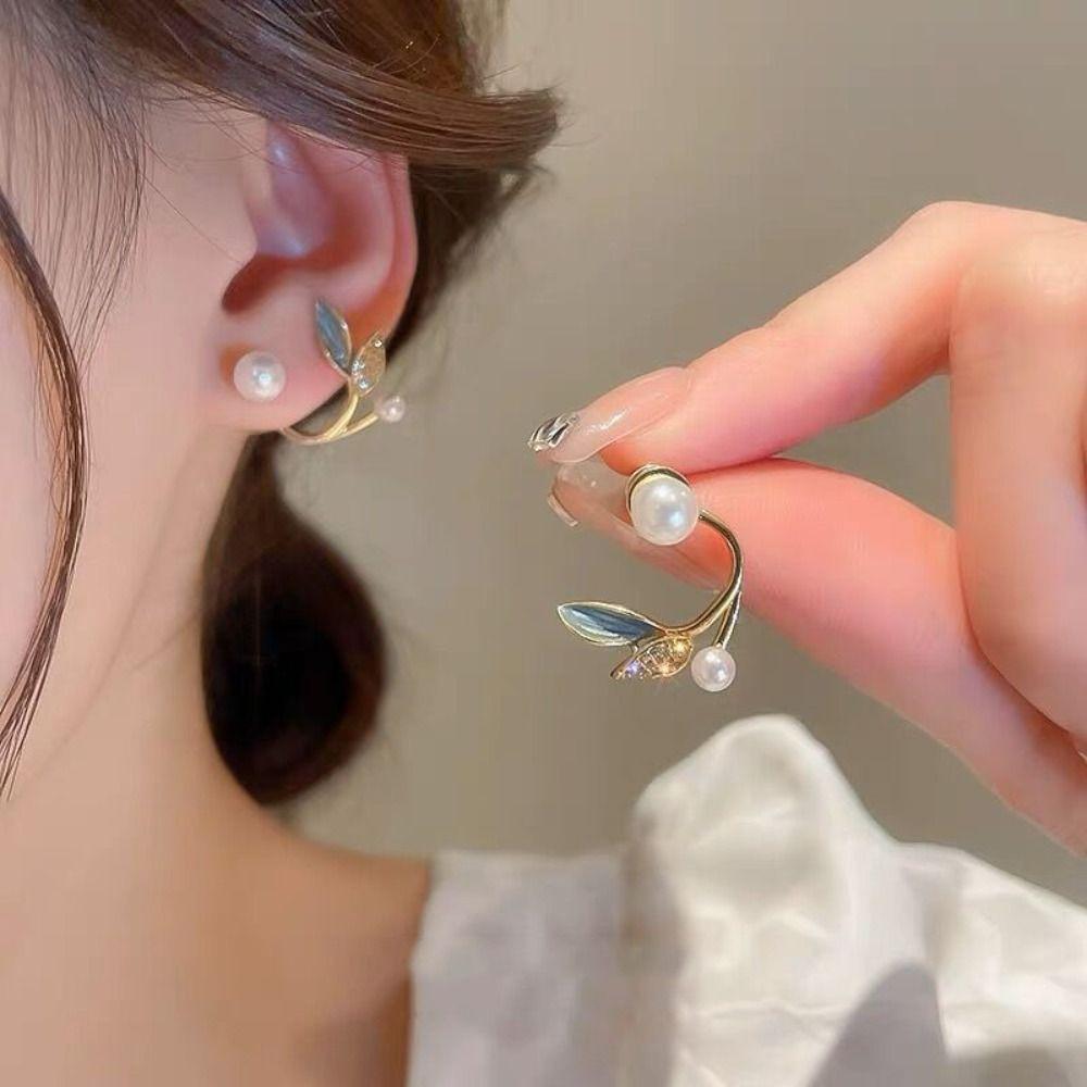 Earrings Tulip Rhinestone Jewelry Pearl Stud Earrings Korean Style Earrings Women Zinc Zinc Alloy Earrings