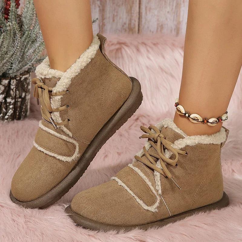 Модные женские туфли на плоской подошве из замши, зимние короткие плюшевые теплые ботинки, новинка 2024 года, прогулочные хлопковые туфли на шнуровке, повседневные женские туфли Zapatillas