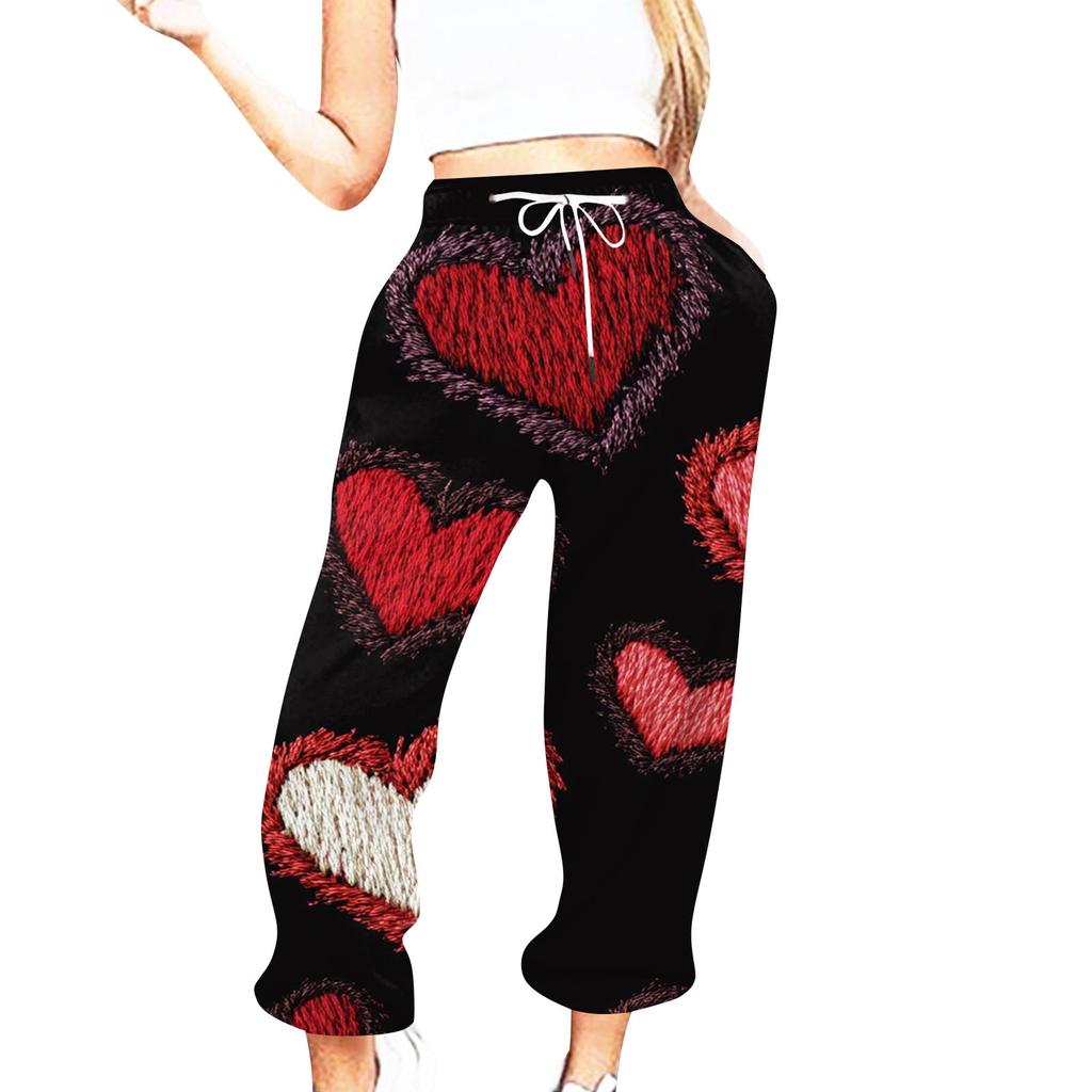 Женская повседневная мода День святого Валентина Повседневные брюки с принтом Спортивные брюки Брюки с эластичной резинкой на талии со шнурком Брюки со шнурком