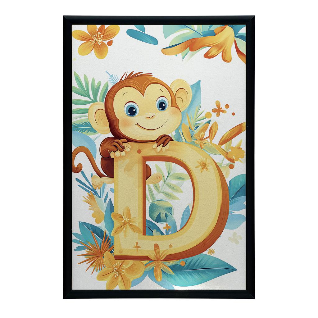 Plakat Uśmiechnięta Małpka Z Literką "D Plakat Uśmiechnięta Małpka Z Literką "D, 30X40 Cm, Rama Drewniana Ciemny Brąz, Papier Matowy 230 Gsm