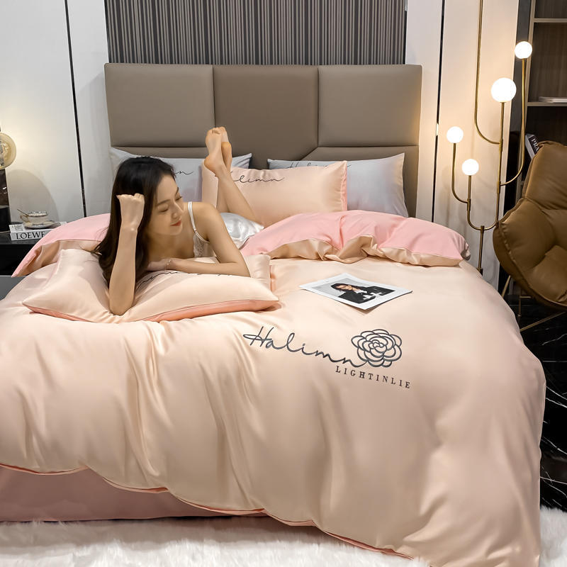 Комплект из четырех предметов из сатина из стираного хлопка, пододеяльник из ледяного шелка, простыня из шелковистой и прохладной ткани Tencel.