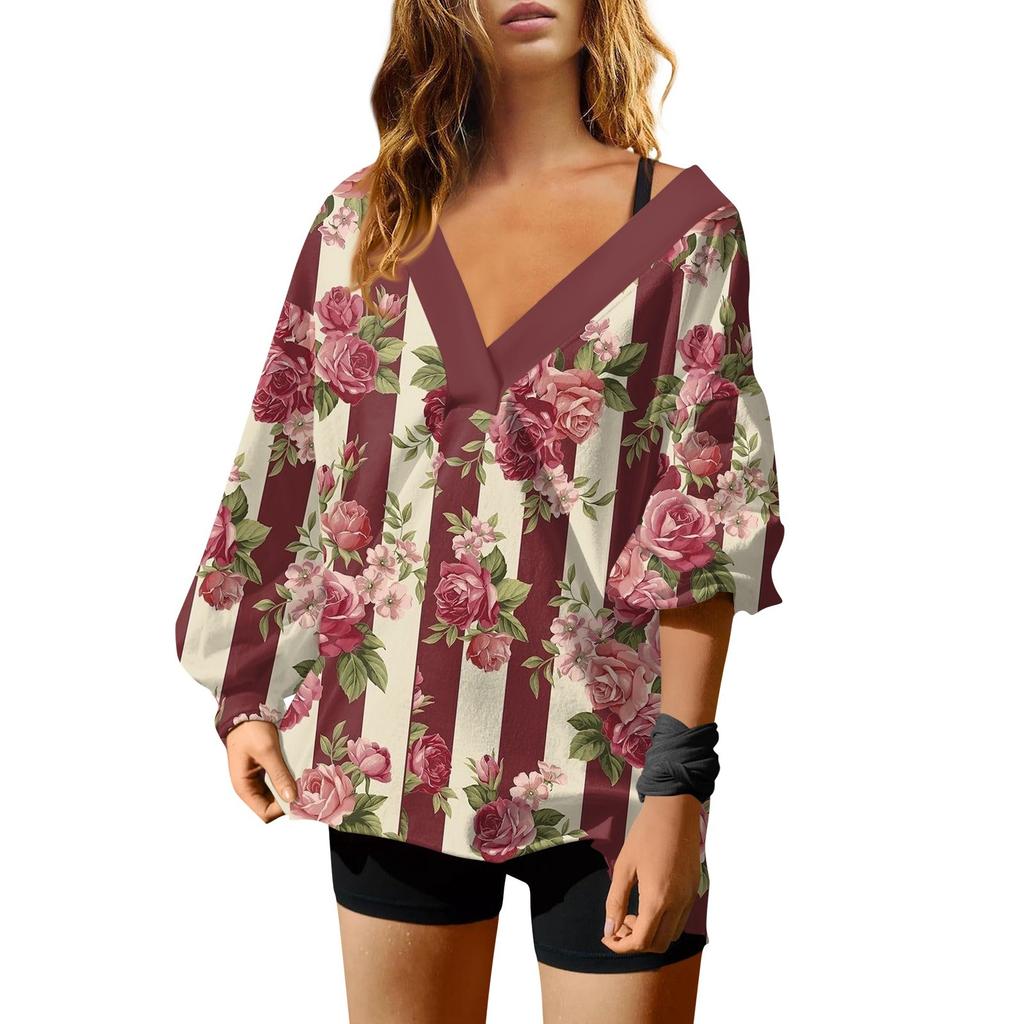 Женская мода V-образный вырез длинный рукав принтованный свободный пуловер свитшот топ