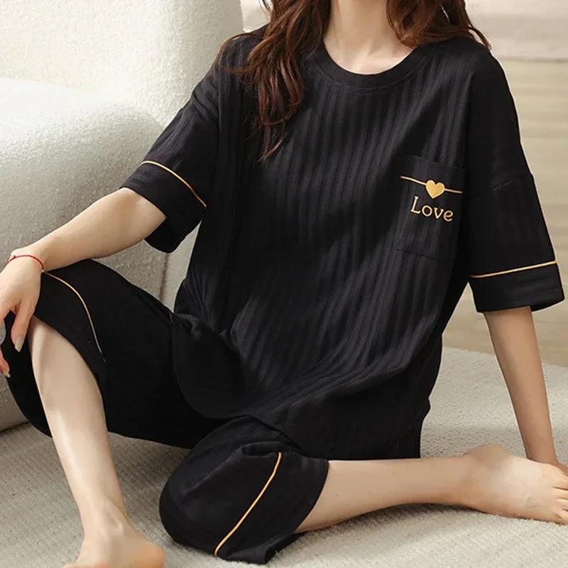 Летние пижамы-капри для женщин, повседневные пижамные комплекты с мультяшными лацканами, милая пижама для девочек из мягкого хлопка