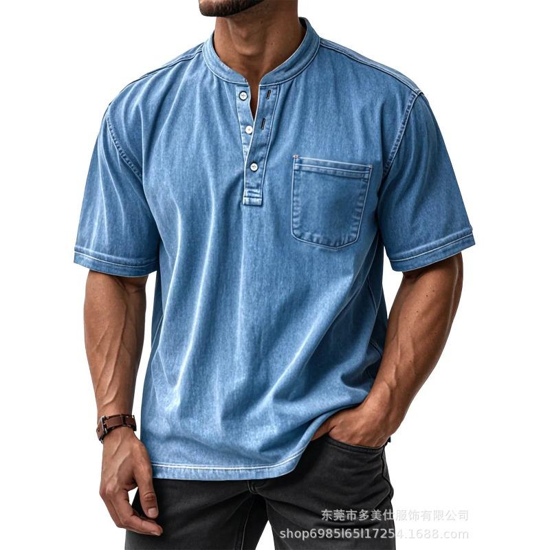 Мужская повседневная джинсовая футболка-henley с коротким рукавом, карманом и воротником-стойкой, с эффектом потертости