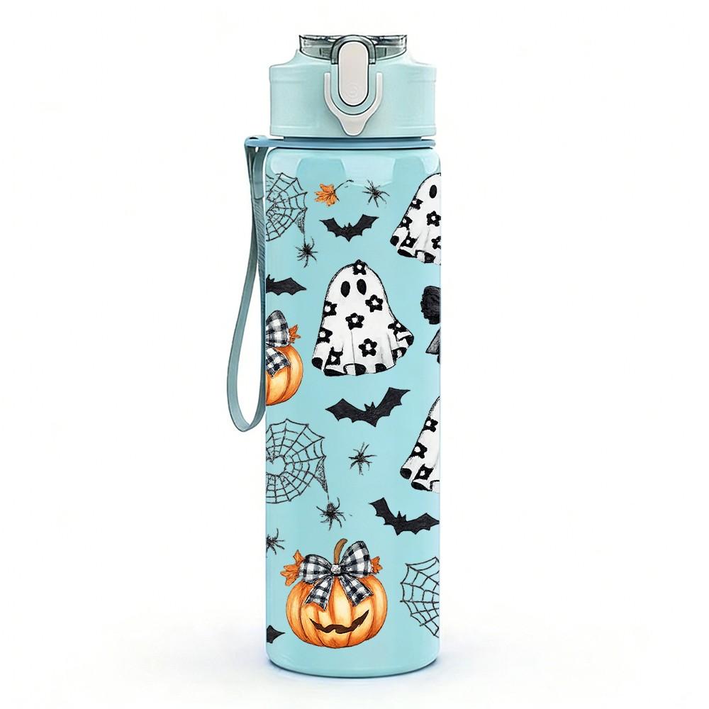 1PC Bow And Skull Halloween Pattern Print 750ml Color Plastic Sports Water Bottle Leakproof Flip Straw Lid Suitable for Sports Office Home Use