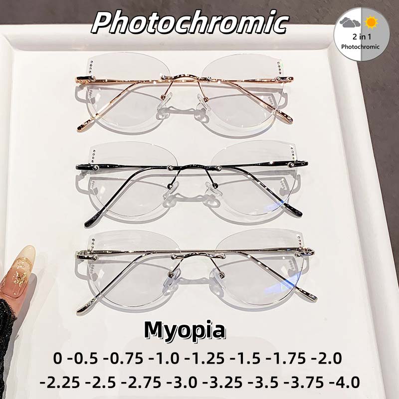 High Quality Frameless Photochromic Myopia Glasses All Titanium Ultra Light Cat Eye Anti Blue Light Glasses Diopter To -4.0