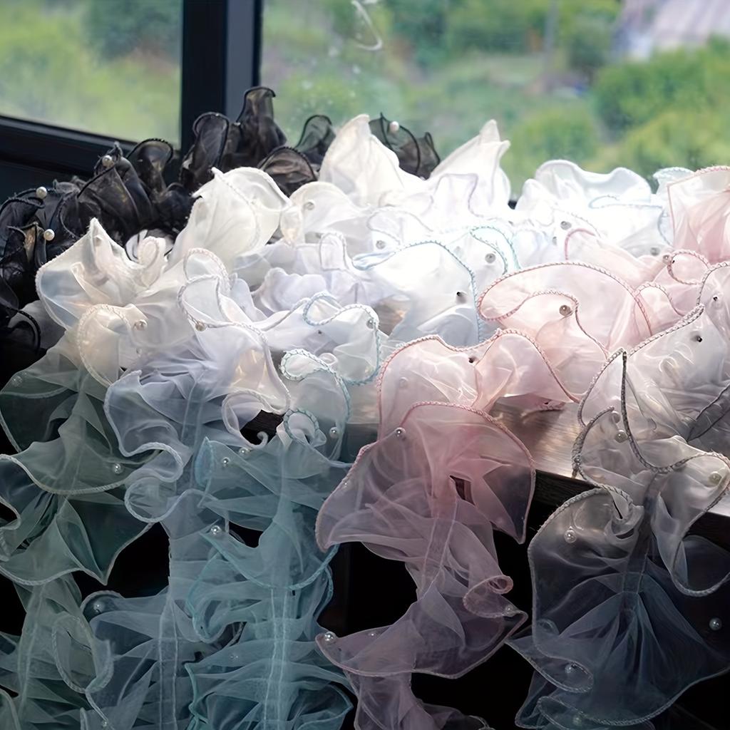 Кружевная лента из снежной пряжи 1 рулон 12 см Плотная плиссированная с бусинами Кружевная лента из снежной пряжи Лента для цветочной упаковки Лента для букета Блестящая жемчужная волнистая лента 1 м