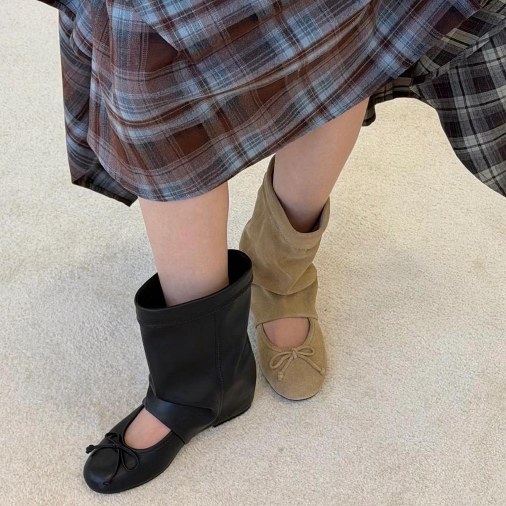 "Retro Korean Women" Mori Shallow Bow Ballet Shoes Women's Inner Height Increasing Soft Sole Short Tube Hollow Pile Cool Boots