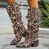 Ботинки до колена больших размеров с леопардовым принтом для женщин, на массивном высоком каблуке, слипоны, длинные ботинки, женская осенне-зимняя модная обувь для вечеринок