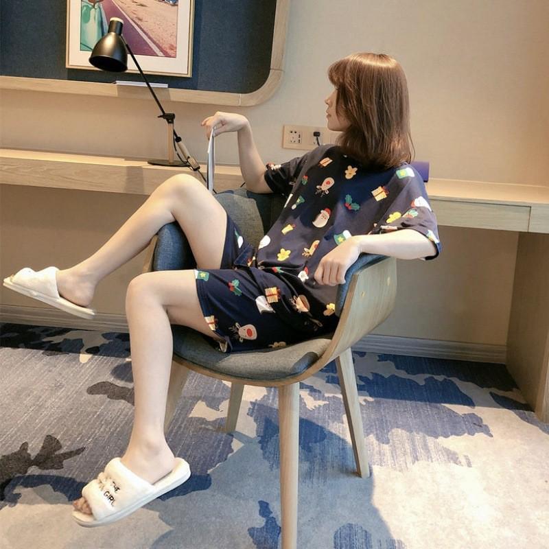 Женский летний мультяшный пижамный комплект - Милый корейский стиль Рождественская пижама с коротким рукавом и шортами