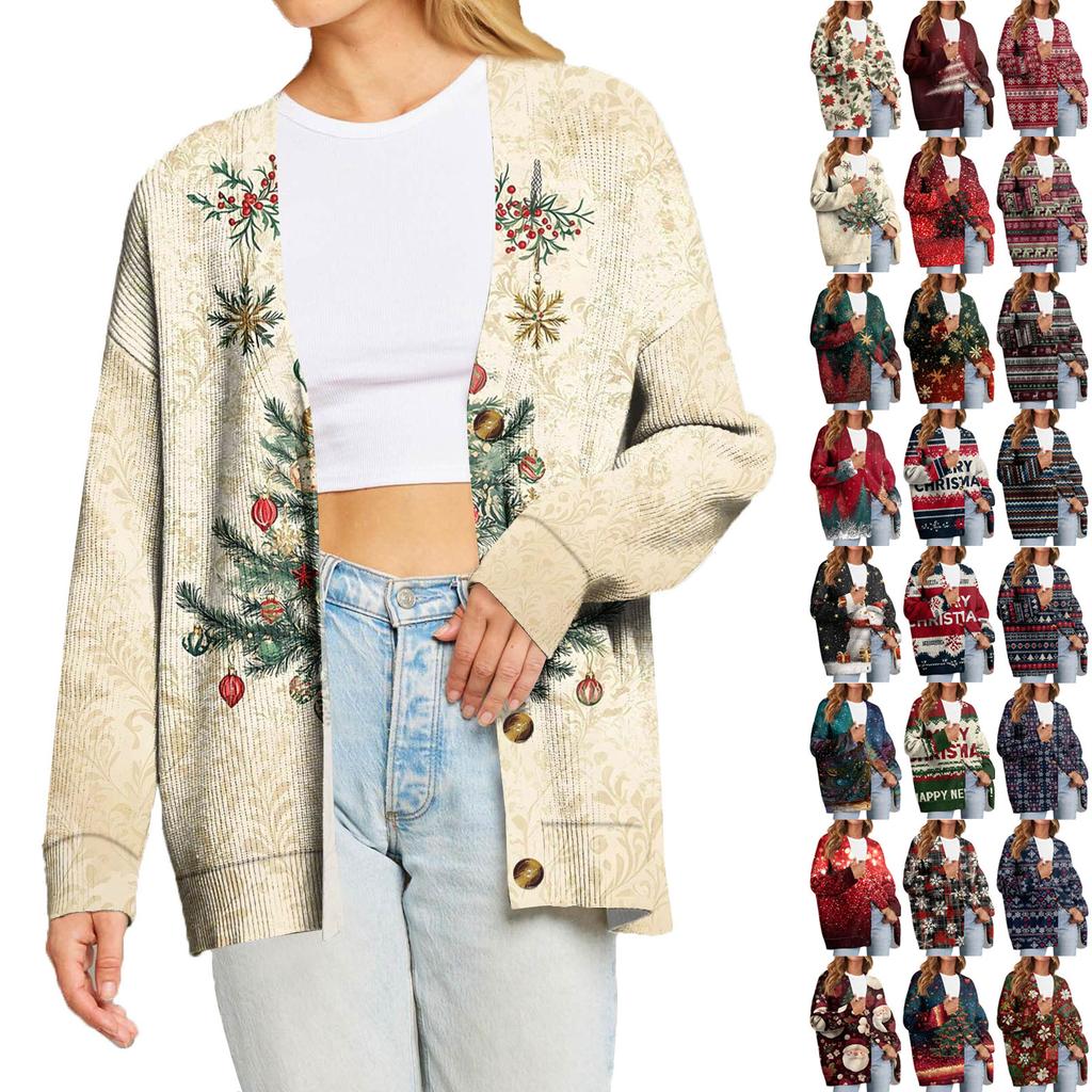 Женский модный кардиган с длинным рукавом, V-образным вырезом, на пуговицах, свободного кроя, с рождественским принтом