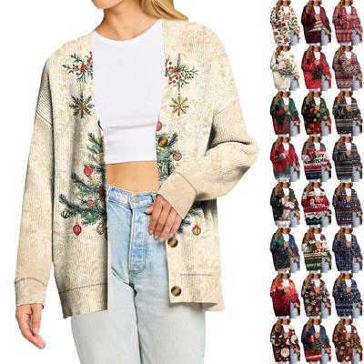 Женский модный кардиган с длинным рукавом, V-образным вырезом, на пуговицах, свободного кроя, с рождественским принтом